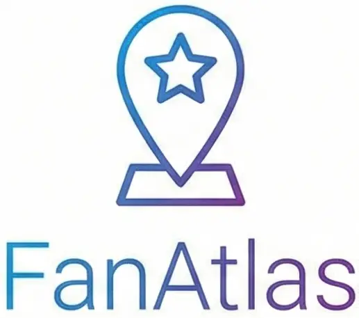 The FanAtlas logo features a map pin with a star inside above a rectangular base, with the word "FanAtlas" written below in blue and purple gradient text.